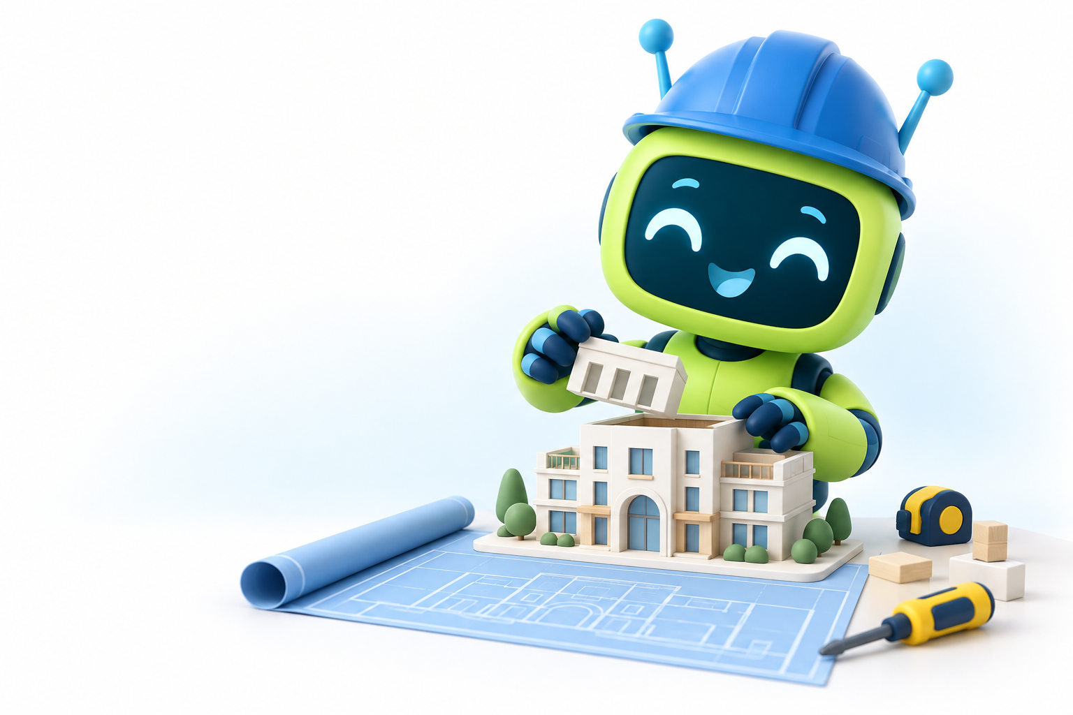 NonoBot, el robot verde de Tu Hotel en Línea, con casco azul preparando los hoteles